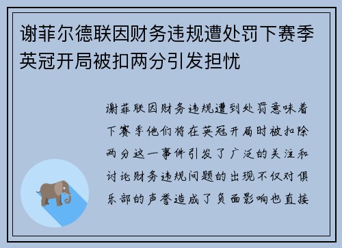 谢菲尔德联因财务违规遭处罚下赛季英冠开局被扣两分引发担忧
