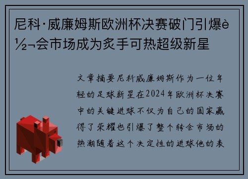 尼科·威廉姆斯欧洲杯决赛破门引爆转会市场成为炙手可热超级新星